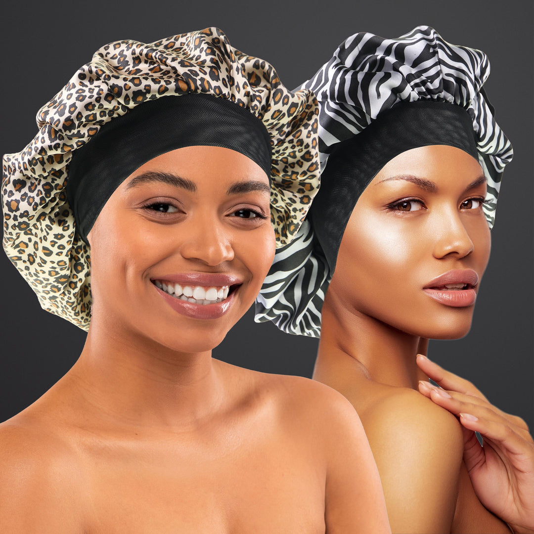 2 PACK DOUBLE LINED SATIN CAPP- CHEETAH/ ZEBRA – Jenny Capp